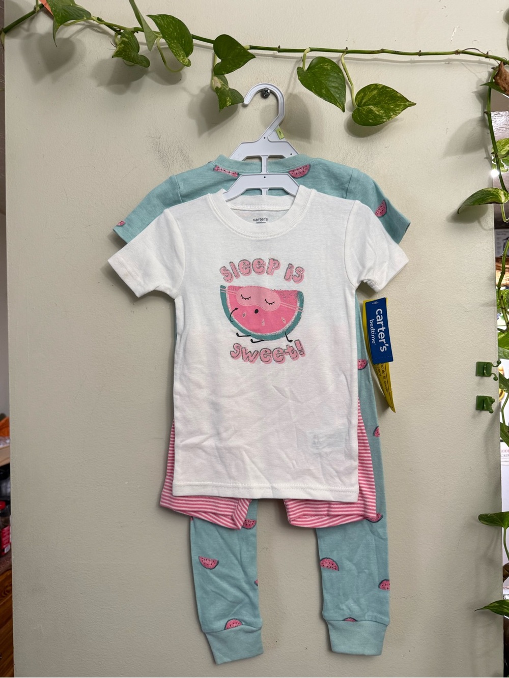 Carter's White Tee & Mint Watermelon Pajama Set with Pink Accents